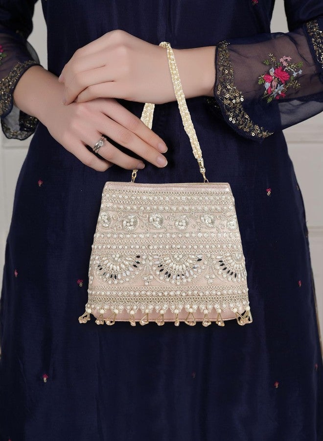 Nevis Stylish Embroidery Unique Desing Traditional Wedding Party Handheld Portli Bag For Women (PINK) - Image 2